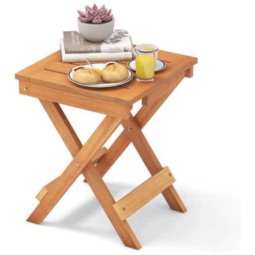 14 Inch Compact Folding Side Table with Slatted Tabletop