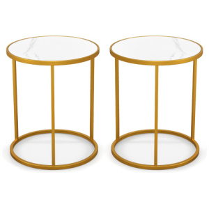 16 Inch Marble Top Round Side Table with Golden Metal Frame for Living Room Bedroom-Set of 2