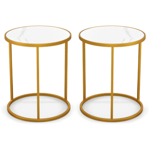 16 Inch Marble Top Round Side Table with Golden Metal Frame for Living Room Bedroom-Set of 2