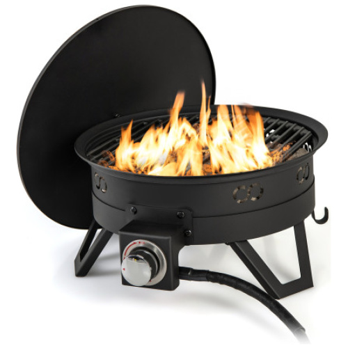 17 Inch Portable Gas Fire Pit with Folding Legs and Removable Grill for Camping-Black