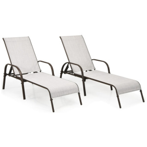 2 Pcs Outdoor Patio Lounge Chair Chaise Fabric with Adjustable Reclining Armrest-Gray