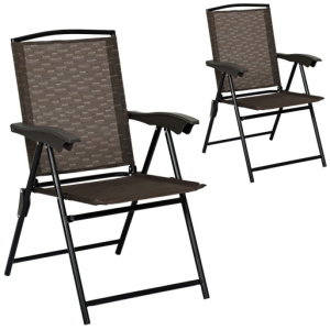 2 Pieces Folding Sling Chairs with Steel Armrests and Adjustable Back for Patio