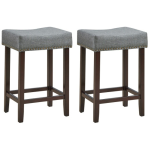 2 Pieces Nailhead Saddle Bar Stools with Fabric Seat and Wood Legs-Gray