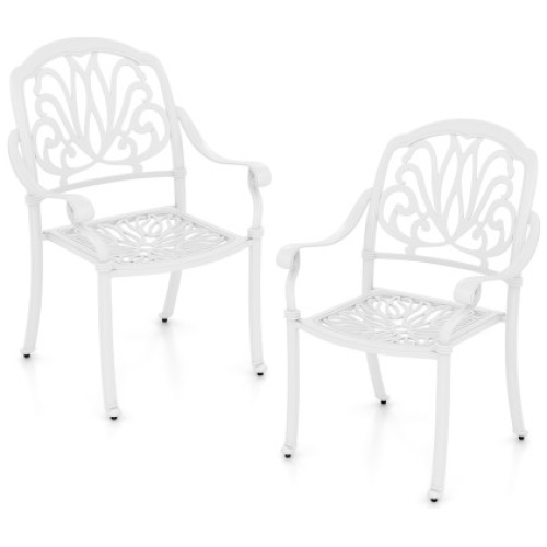 2 Pieces Patio Cast Aluminum Dining Chairs with Armrests-White