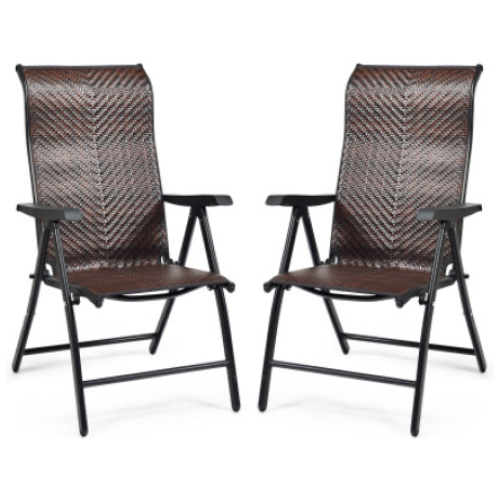 2 Pieces Patio Rattan Folding Reclining Chair