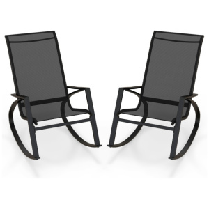 2 Pieces Patio Rocking Chairs Outdoor Sling Fabric Rockers with Ergonomic Backrest and Seat-Black