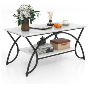 2-Tier Faux Marble Coffee Table with Marble Top and Metal Frame-Black & White