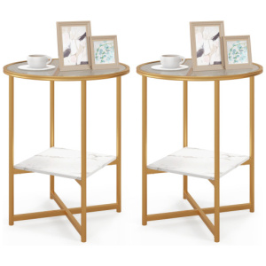 2-Tier Glass End Table Set of 2 with Faux Marble Storage Shelf-White