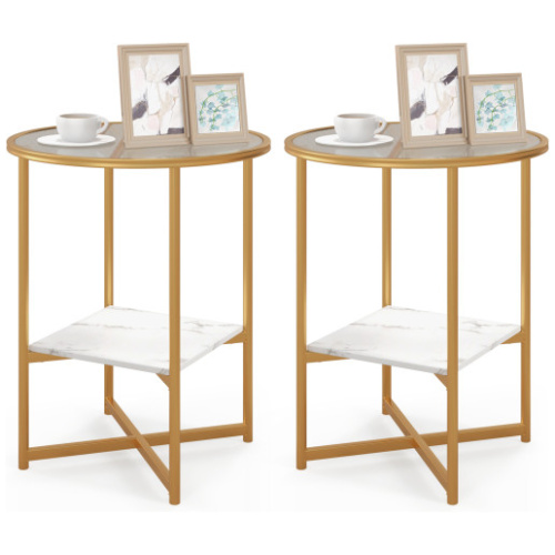 2-Tier Glass End Table Set of 2 with Faux Marble Storage Shelf-White