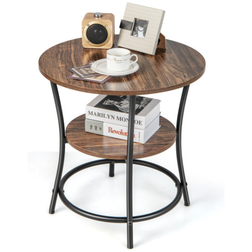 2-Tier Round End Table with Open Storage Shelf and Sturdy Metal Frame-Brown