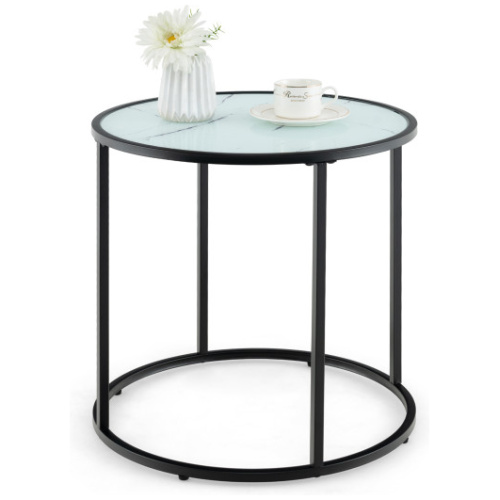 20 Inch Glass End Table with Metal Frame and Faux Marble Glass Top-Black and White