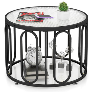 24 Inch Round Coffee Table with Reeded Tempered Glass Top and Oval Swivel Brackets-Black