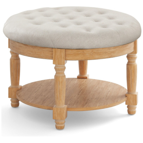 29 Inch Large Round Ottoman Coffee Table 2-Tier Upholstered Tufted Footrest Ottoman with Flip-up Top-Beige