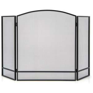 3-Panel Foldable Fireplace Screen with Wrought Metal Mesh-Black