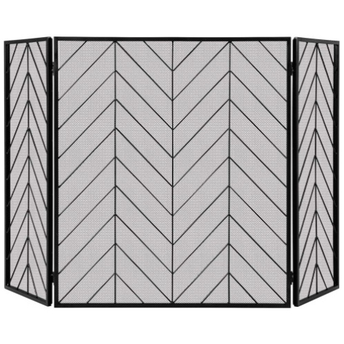 3-Panel Metal Foldable Fireplace Screen with Metal Mesh-Black