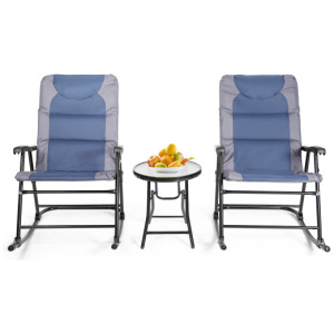 3 Pcs Outdoor Folding Rocking Chair Table Set with Cushion-Blue