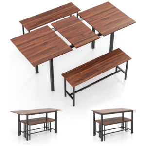 3 Piece Dining Table Set for 4-6 with 2 Benches-Walnut