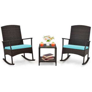 3 Piece Patio Rocking Set Wicker Rocking Chairs with 2-Tier Coffee Table-Turquoise