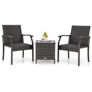 3 Piece Patio Wicker Chair Set with Quick Dry Foam Cushions All Weather