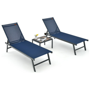 3 Pieces Patio Chaise Lounge Chair and Table Set for Poolside Yard-Navy