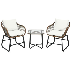 3 Pieces Patio Rattan Bistro Set Cushioned Chair Glass Table Deck-White