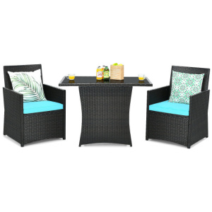 3 Pieces Patio Rattan Furniture Set with Cushion and Sofa Armrest-Turquoise