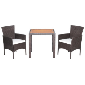 3 Pieces Patio Wicker Furniture Set wih Acacia Wood Table Top and Chair Cushiones