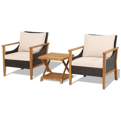 3 Pieces Patio Wicker Furniture Set with 2-Tier Side Table and Cushioned Armchairs-Natural