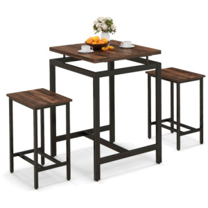 3 Pieces Pub Dining Table Set with Floating Tabletop and Footrest-Rustic Brown