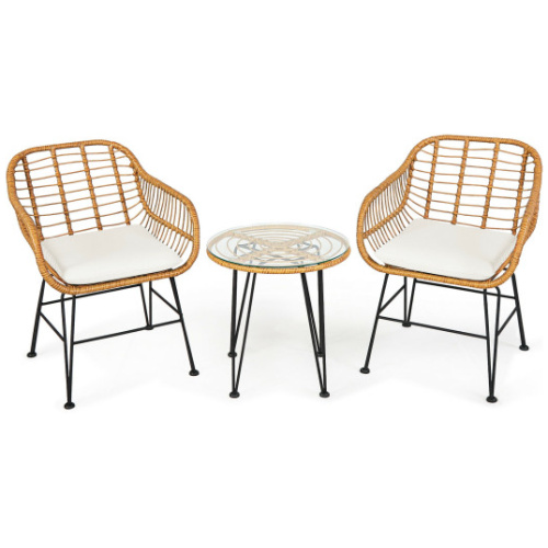 3 Pieces Rattan Furniture Set with Cushioned Chair Table-White