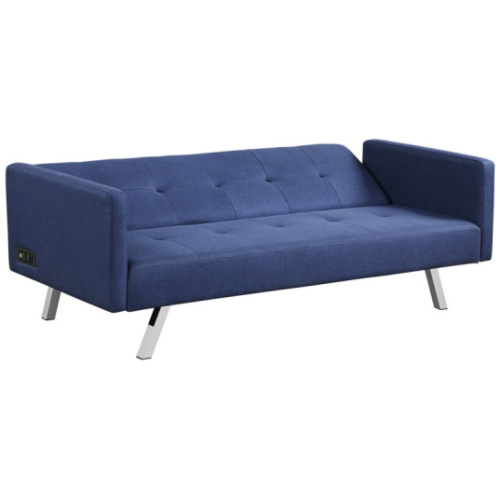 3 Seat Convertible Linen Fabric Futon Sofa with USB and Power Strip-Blue