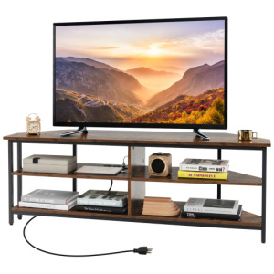 3-Tier Corner TV Stand for TVs up to 65 Inches with Charging Station- Rustic Brown