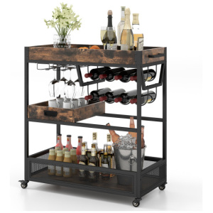 3-Tier Industrial Buffet Serving Cart with Wine Rack