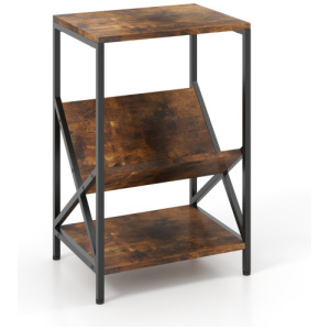 3-Tier Industrial Side Table with V-shaped Bookshelf for Living Room-Rustic Brown