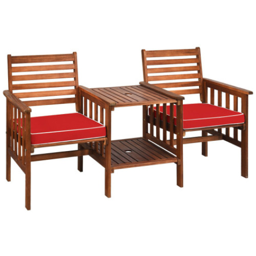 3 pcs Outdoor Patio Table Chairs Set Acacia Wood Loveseat-Red