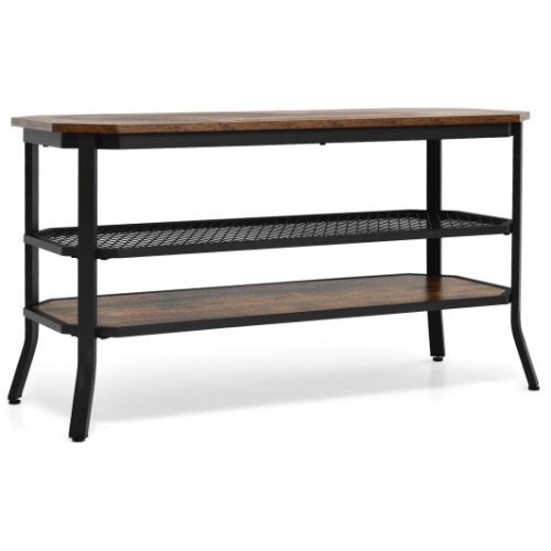 3-tier Console Table TV Stand with Mesh Storage Shelf-Rustic Brown