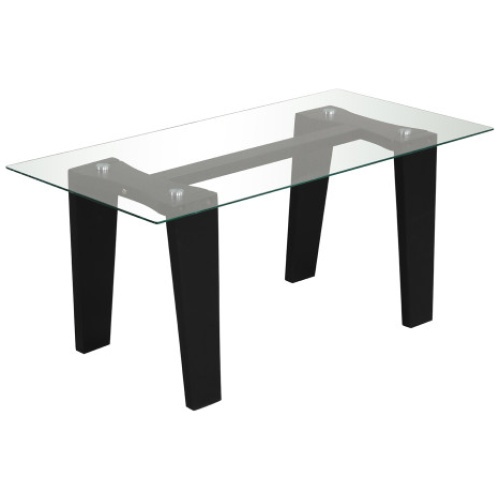 39.5 Inch Glass Coffee Table Modern Rectangular Center Table with Solid Rubber Wood Legs-Black