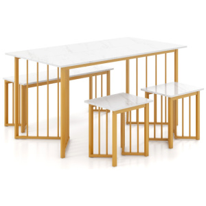 4 Piece Dining Table Set with Bench and 2 Stools-White