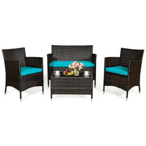 4 Pieces Patio Rattan Sofa Set with Chairs and Glass Coffee Table-Turquoise