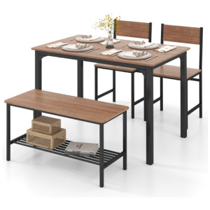 4 Pieces Rustic Dining Table Set with 2 Chairs and Bench-Brown