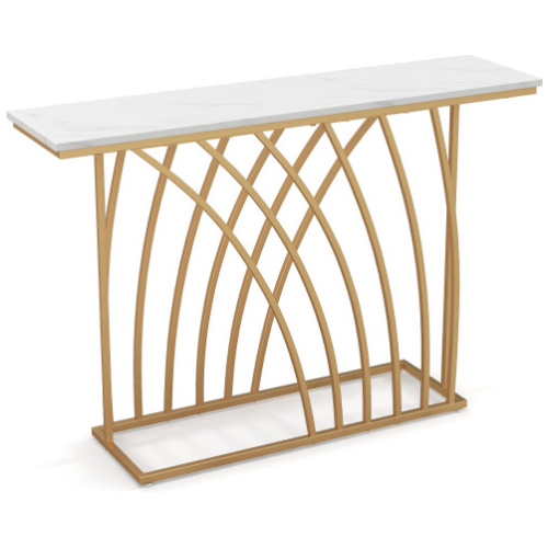 48 Inch Gold Console Table with White Faux Marble Tabletop-White