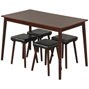 5 Piece Dining Table Set for 4 with 4 Upholstered Stools and Rubber Wood Legs-Brown