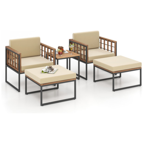 5 Piece Outdoor Furniture Set Acacia Wood Chair Set with Ottomans and Coffee Table-Beige