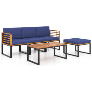 5-Piece Patio Acacia Wood Chair Set with Ottoman and Coffee Table-Navy