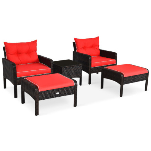 5 Pieces Patio Rattan Sofa Ottoman Furniture Set with Cushions-Red