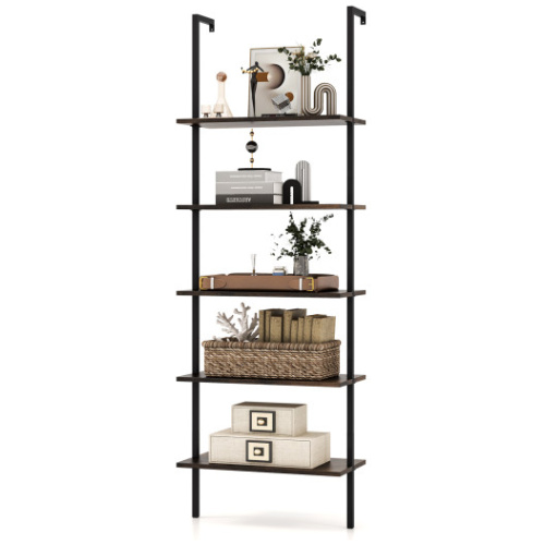 5 Tier Ladder Shelf Wall-Mounted Bookcase with Steel Frame-Brown