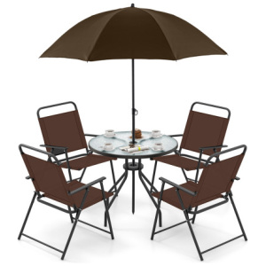 6 Pieces Patio Dining Set Folding Chairs Glass Table Tilt Umbrella for Garden-Coffee