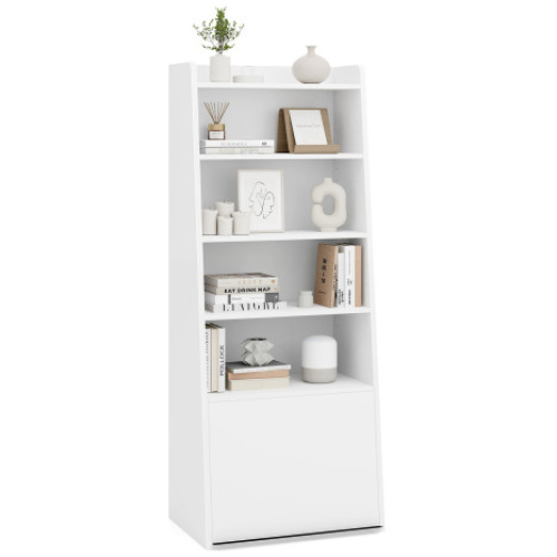 6-Tier Bookcase Freestanding Ladder Bookshelf with 2 Adjustable Shelves and Flip Up Door-White