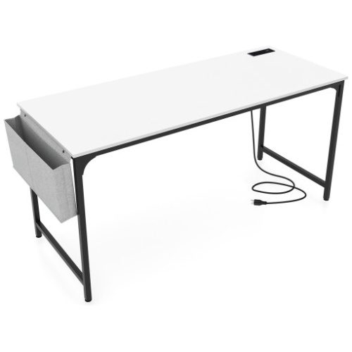 60 Inch Computer Desk with Charging Station Storage Bag-White