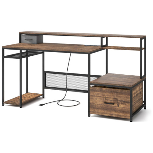 67 Inch Computer Desk with Monitor Stand & File Drawer-Rustic Brown